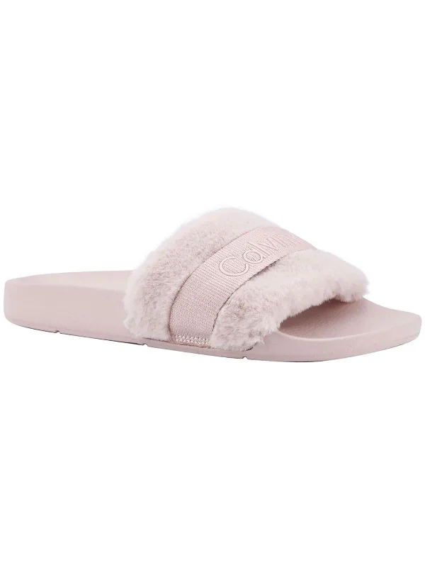 Anzen Womens Faux Fur Logo Slide Sandals