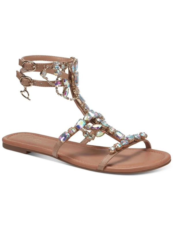 Jenesis Womens Rhinestone Faux Leather Gladiator Sandals