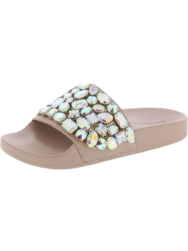 Simplify Womens Slip On Rhinestone Slide Sandals