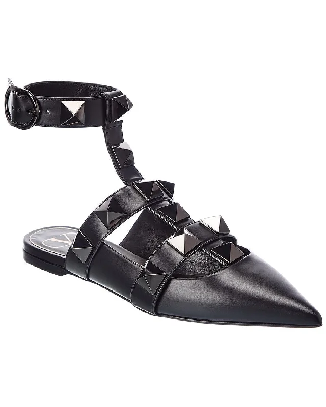 Valentino Roman Stud Leather Ankle Strap Flat