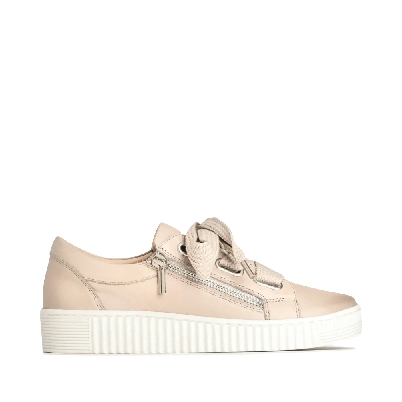 EOS Footwear Women's Jovi Leather Tie Sneaker in Stone